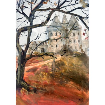 “English Autumn. Old Castle” – Original Oil Painting on Paper
